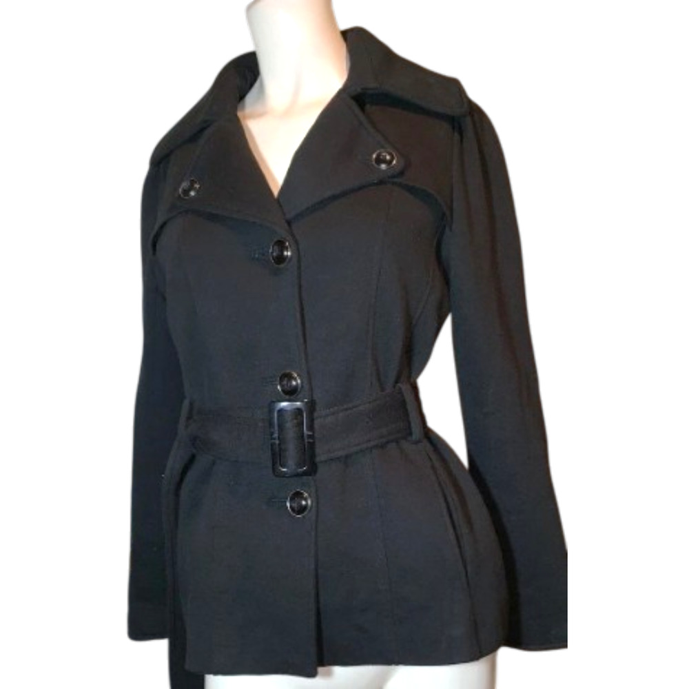 Kenneth Cole Reaction Womens Black Belted Wool Blend Pea Coat Jacket XL 10-16